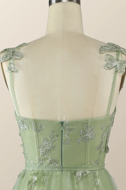 Salbeigrünes Schmetterlings-A-Linien-Abendkleid, lang, Abendkleid Y2801
