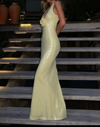 Sexy V-Ausschnitt Gelb Pailletten Etuikleid Abendkleid mit Blumen Y7891