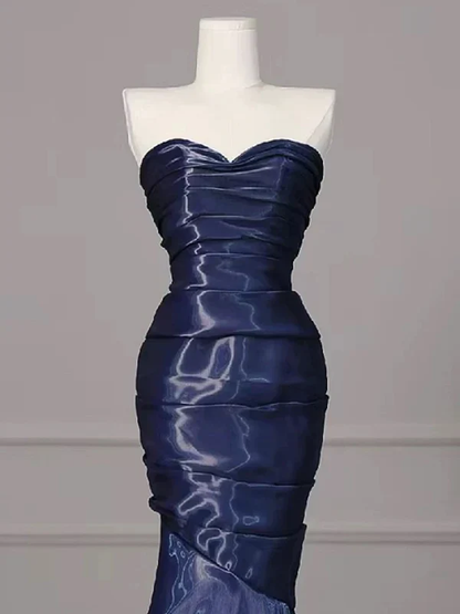 Wunderschönes blaues Meerjungfrau-Kleid im trägerlosen, plissierten Stil, langes Ballkleid, Abendkleid Y7987