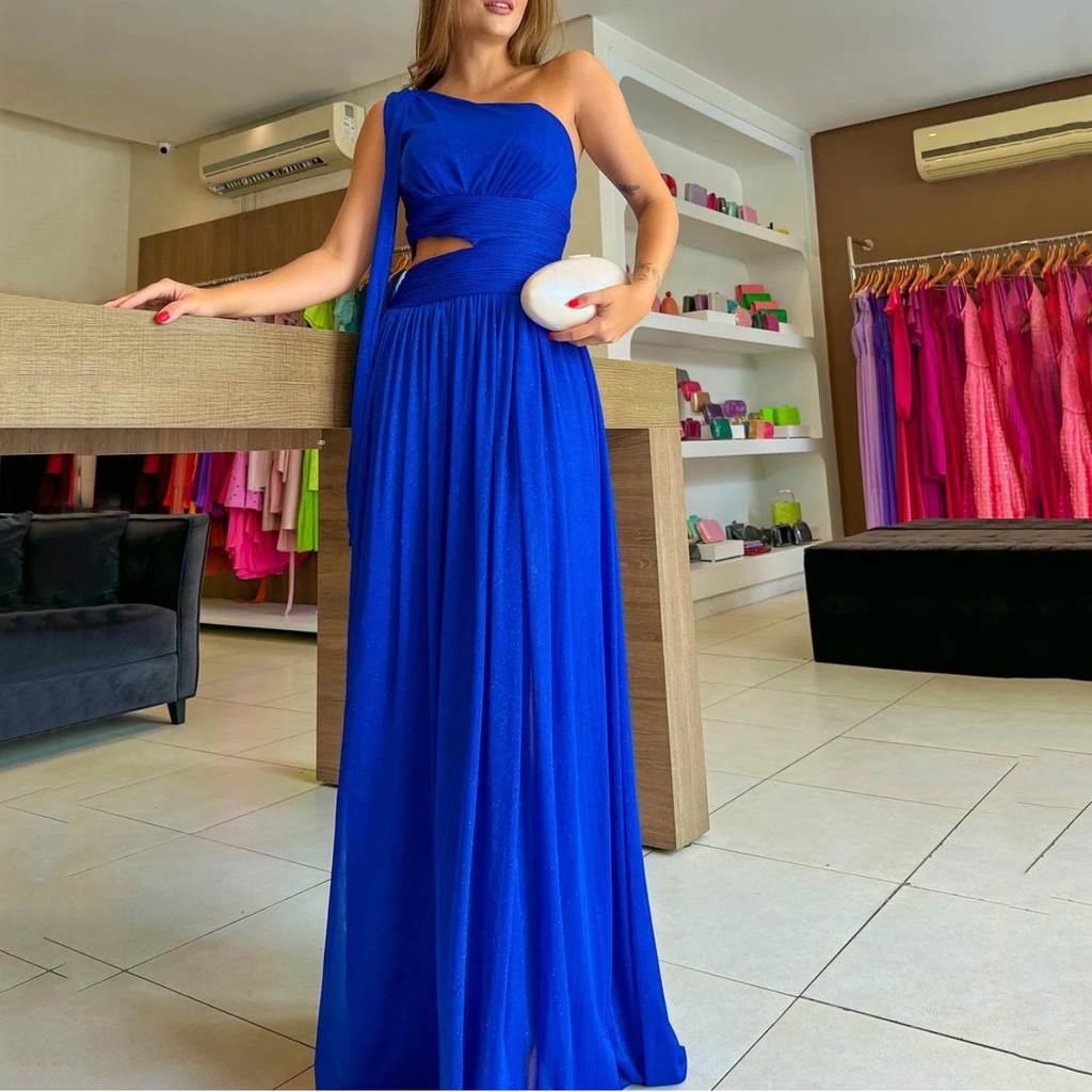 Vestido de noche largo azul real con un solo hombro para mujer, sexy, formal, de gasa, para fiesta de graduación, Y4838