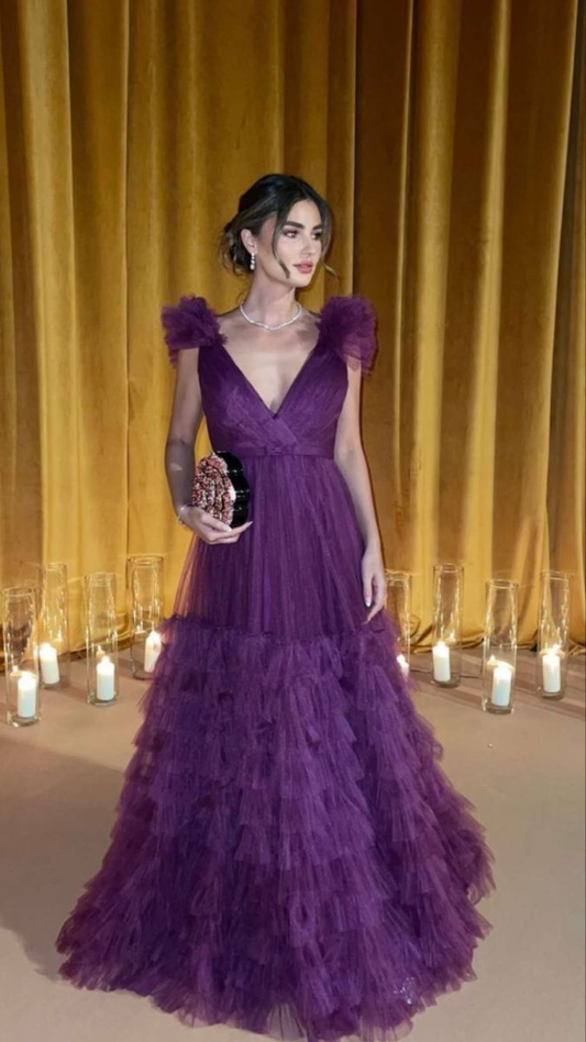 Sexy Lila Tüll Lagen Rüschen Ballkleid A-Linie Langes Abendkleid Y8225