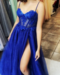 Vestido de noche largo azul real con corsé brillante bordado y abertura Y6807