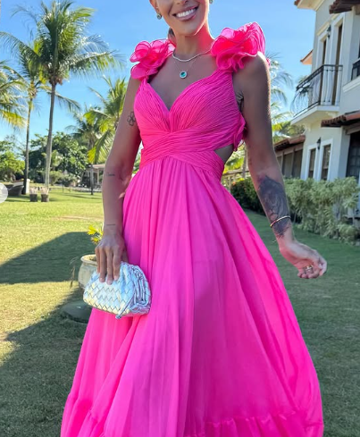 Chiffon A-Linie Rüschen Ballkleider für Damen V-Ausschnitt Lange Brautjungfernkleider Rückenfreies formelles Abendkleid Y3043