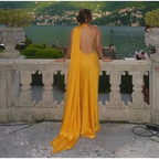 Gelbes Satin Rückenfreies Off-Shoulder Langes Ballkleid Abendkleid Y8466