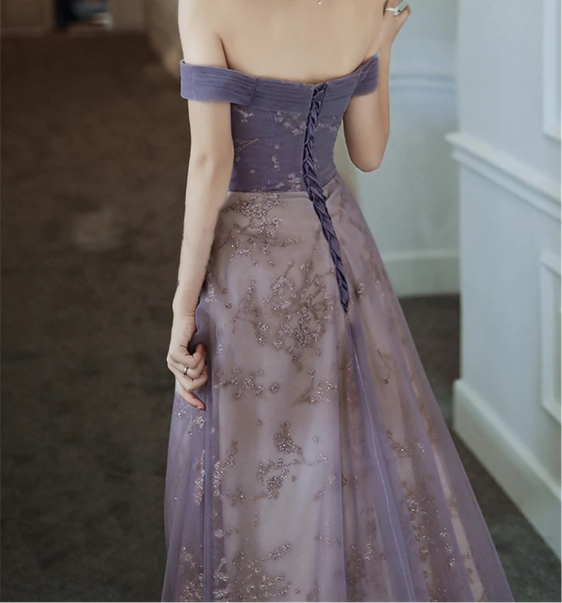Vestido de fiesta morado de ensueño, vestido de noche con hombros descubiertos, elegante vestido largo de banquete, vestido de fiesta sin mangas, vestido de graduación para niña Y4286