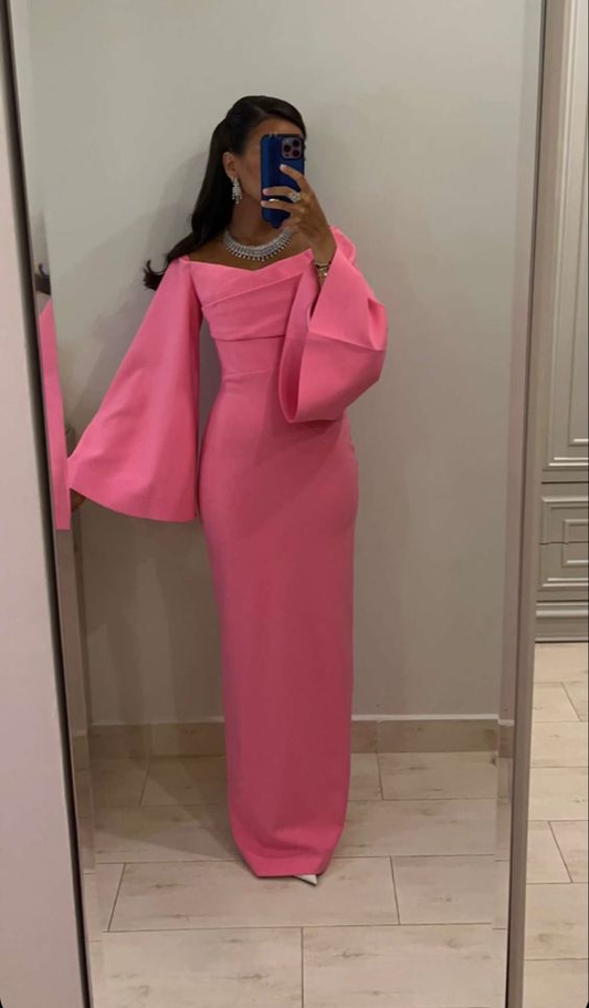 Vestido de noche rosa con corte tubo y mangas largas, vestido de fiesta rosa Y6039