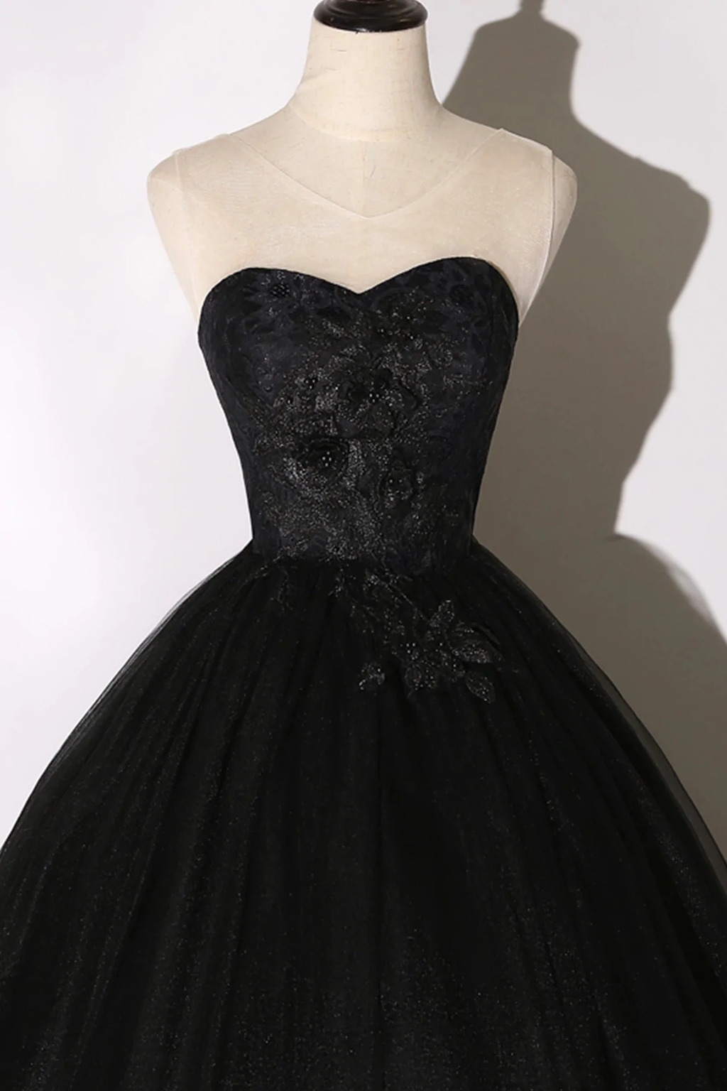 Vestido largo de encaje negro con corte A y corte formal Y1295