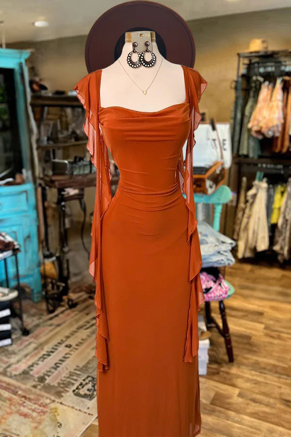 Elegantes Ballkleid mit Rüschenärmeln und quadratischem Ausschnitt, langes Party-Abendkleid Y8091