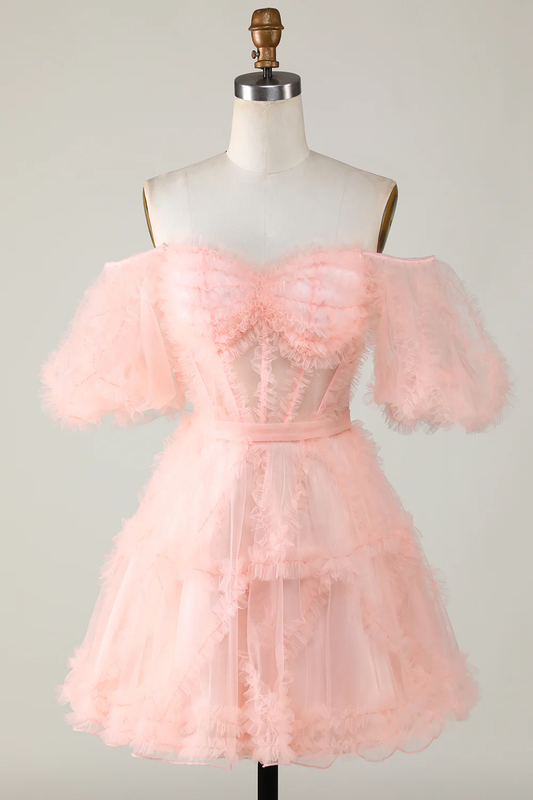 Vestido corto de fiesta de tul color rubor con hombros descubiertos Y2616