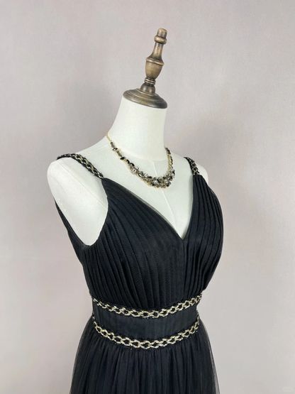 Hermoso vestido de fiesta de tul negro con plumas de seda doradas, corte A, vestido de noche formal Y8652