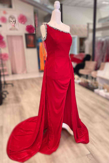 Vestido formal largo de terciopelo negro con un solo hombro y cuentas, vestido de noche sexy Y1791