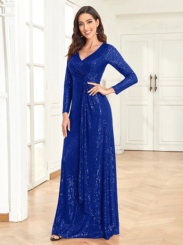 Luxury Long Sleeve V-Neck Evening Dress 2023 Women Wedding Party Sequins For Female Guests Red Prom Cocktail Dresses-payinti
