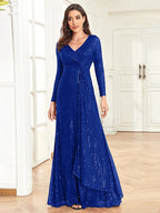 Luxury Long Sleeve V-Neck Evening Dress 2023 Women Wedding Party Sequins For Female Guests Red Prom Cocktail Dresses-payinti