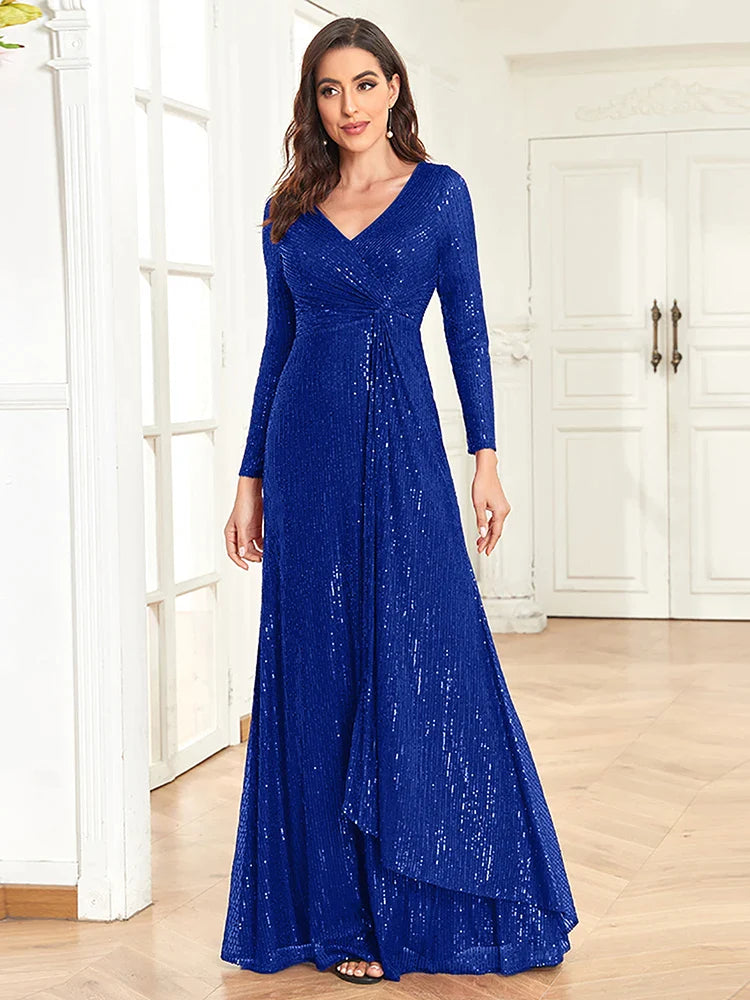 Luxury Long Sleeve V-Neck Evening Dress 2023 Women Wedding Party Sequins For Female Guests Red Prom Cocktail Dresses-payinti