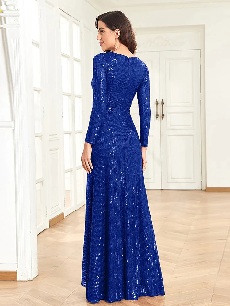 Luxury Long Sleeve V-Neck Evening Dress 2023 Women Wedding Party Sequins For Female Guests Red Prom Cocktail Dresses-payinti