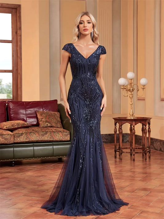 Luxury Sleeveless Blue Sequin Formal Evening Dress For Women 2023 Elegant Mermaid Party Maxi Prom Arabia Cocktail Gowns-payinti
