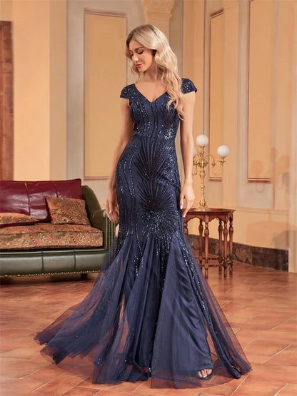 Luxury Sleeveless Blue Sequin Formal Evening Dress For Women 2023 Elegant Mermaid Party Maxi Prom Arabia Cocktail Gowns-payinti