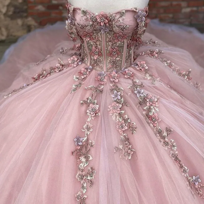 Vestido de fiesta de quinceañera con apliques florales de tul rosa Y527