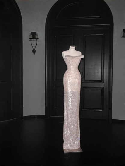 Hermoso vestido de noche largo con tul color champán, lentejuelas y cuentas, vestido de fiesta Y8658