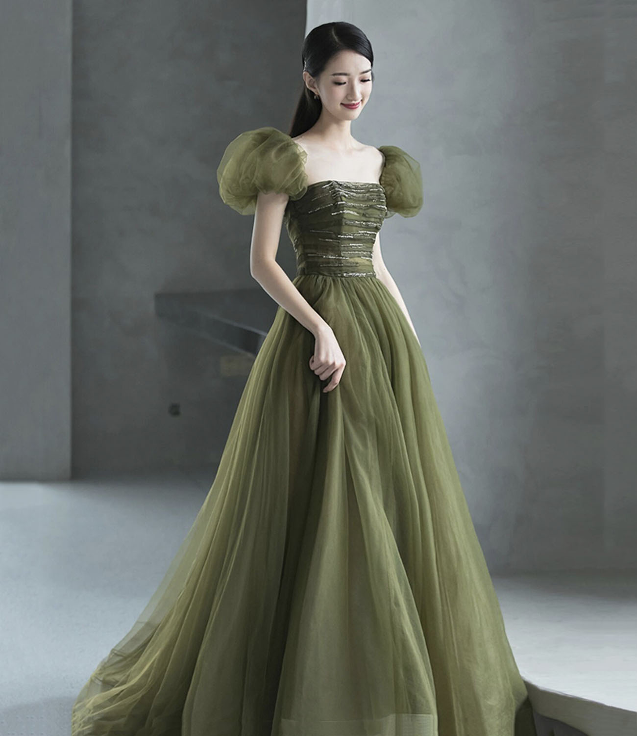Vestido largo de fiesta de tul verde, vestido de noche verde Y623
