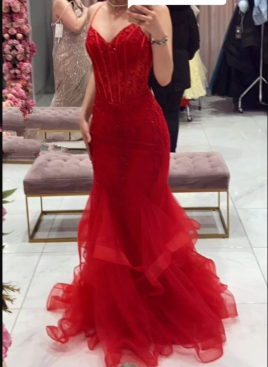 Vestido de noche rojo de sirena con encanto, vestido de desfile rojo Y5954