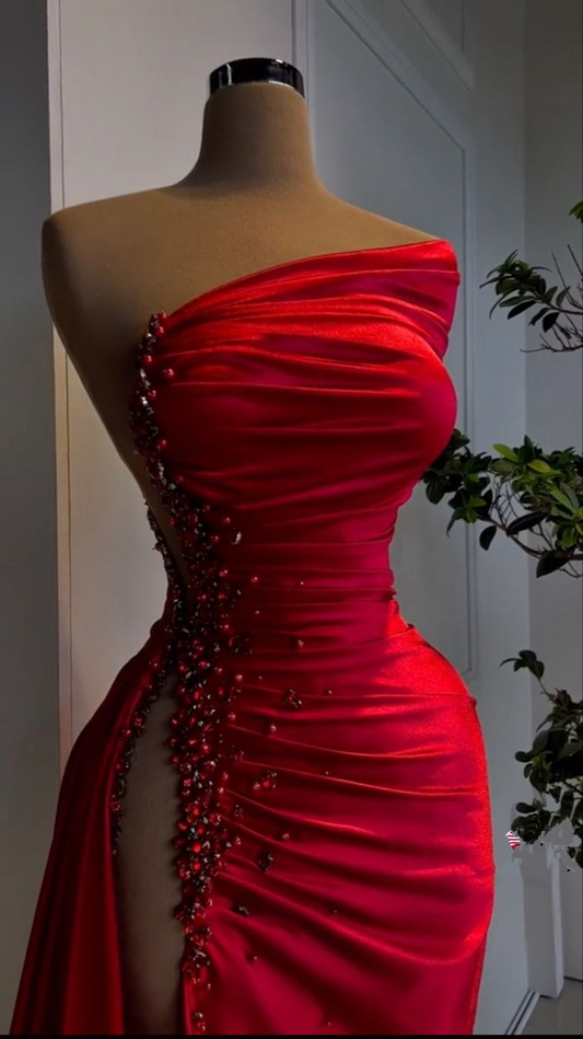 Vestido de noche largo de satén rojo con abertura alta Y4115