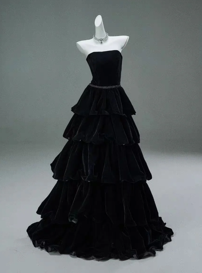 Chic Black A-line Layered Evening Dress Black Strapless Evening Gown Y4378