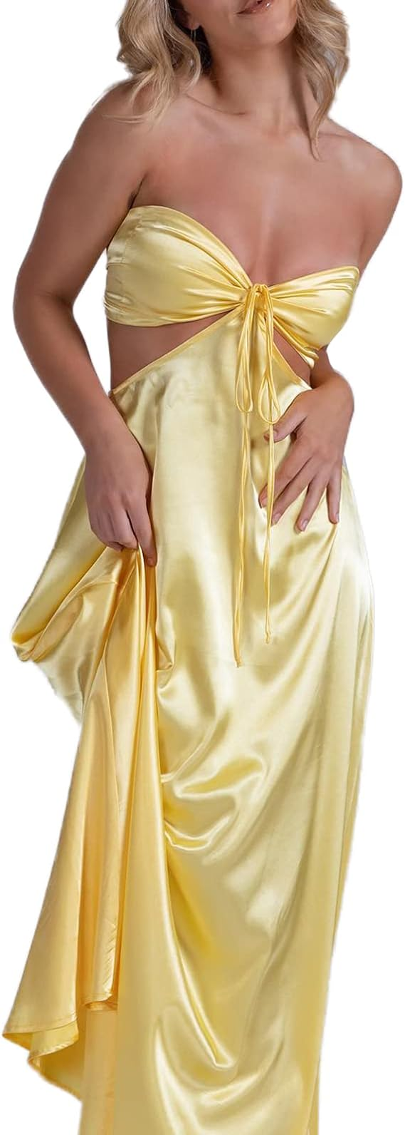 Damen Wickelkleid, lang, Ballkleid, einfarbig, mit ausgehöhlten Ärmeln, zum Binden, trägerlos, rückenfrei, Cocktailkleid, Partykleid, ärmellos, Y4673