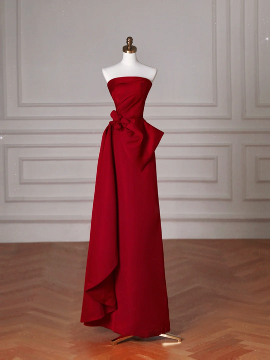 Elegante vestido de fiesta de satén rojo sin tirantes, corte A, vestido de noche formal Y8624