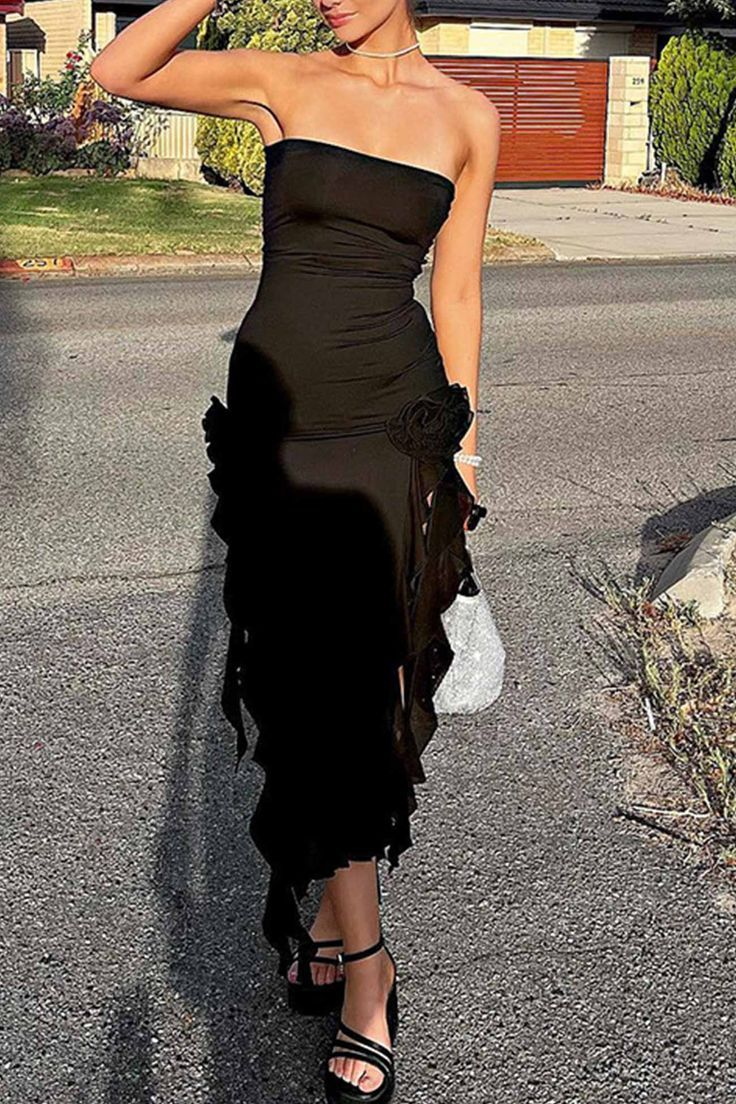 Vestido de noche negro con volantes y corte entallado, de gasa, sin tirantes, Y7765