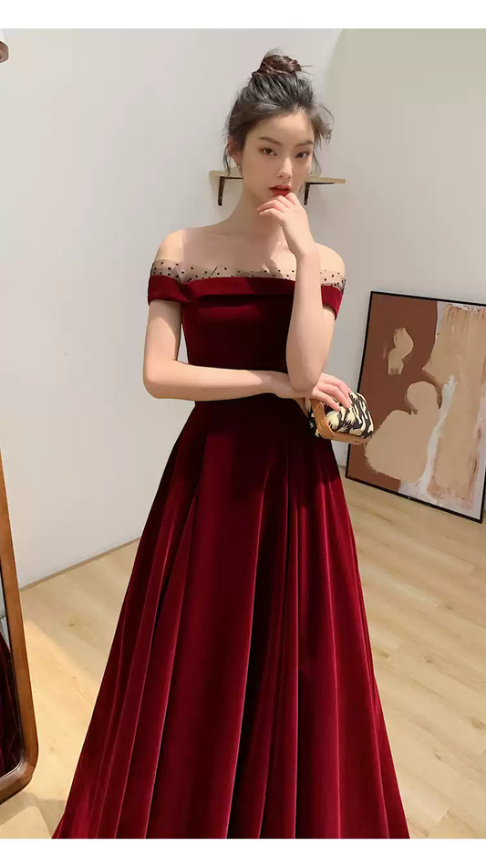 Burgundy Velvet Long Prom Dresses, A-Line Evening Dresses Y1173