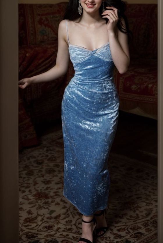 Elegante vestido de fiesta de terciopelo azul con tirantes finos, vestido de noche Y8193