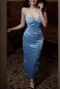 Elegante vestido de fiesta de terciopelo azul con tirantes finos, vestido de noche Y8193