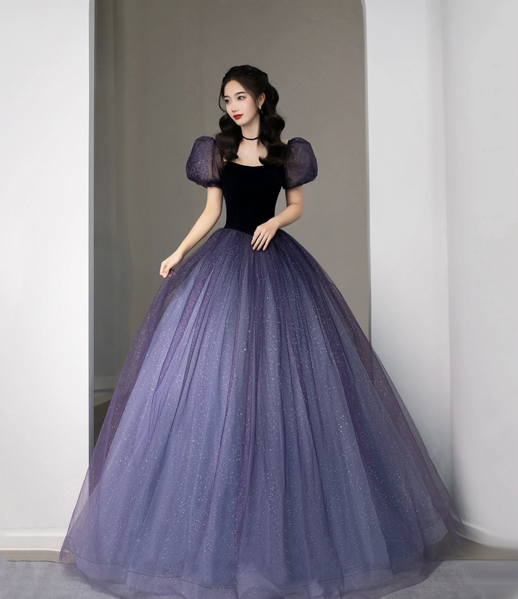 Lila Tüll Kurzarm Abendkleid Süßes A-Linie Abendkleid Y4291