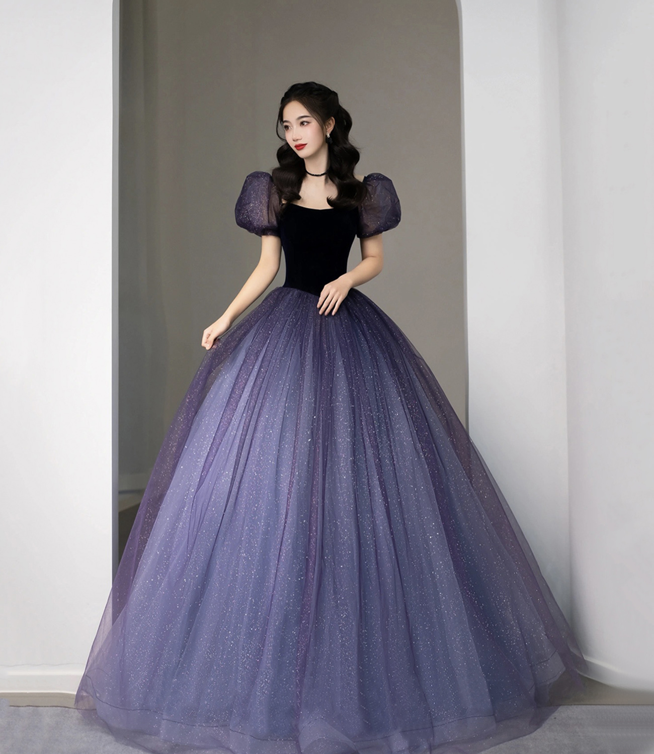 Lila Tüll Kurzarm Abendkleid Süßes A-Linie Abendkleid Y4291