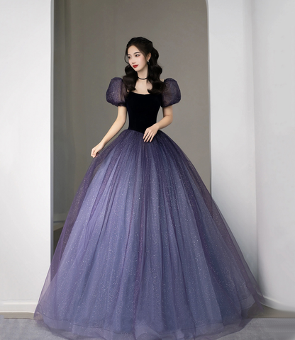 Purple Tulle Short Sleeve Formal Dress Cute A-Line Evening Dress Y4291