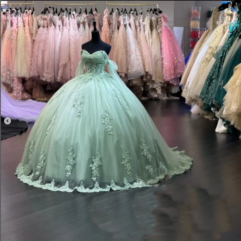Sage Green Quinceanera Dresses Lace Off-Shoulder Sweet 16 Birthday Par