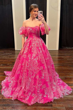Hot Pink Blumenspitze trägerloses Ballkleid mit Puffärmeln Y5981