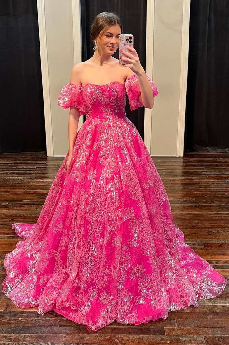 Hot Pink Blumenspitze trägerloses Ballkleid mit Puffärmeln Y5981