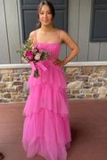 Elegante vestido de fiesta largo de tul en capas rosa intenso con corte en A Y1594