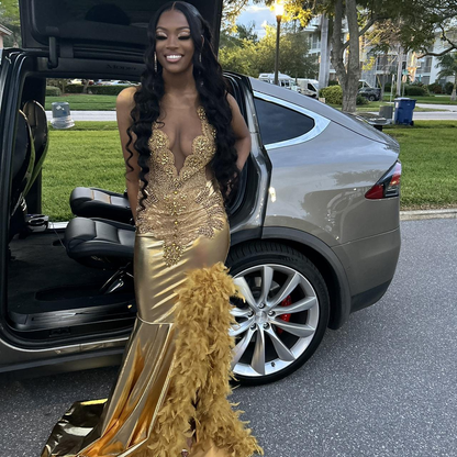 Luxuriöses Abendkleid aus Satin mit Perlen und Federn, langer Schlitz, Ballkleid Y7948