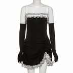 Schwarzer Party-Röhrenrock mit unregelmäßigem weißen Rüschen-Bandage-Kleid, schwarzes Homecoming-Kleid Y2617