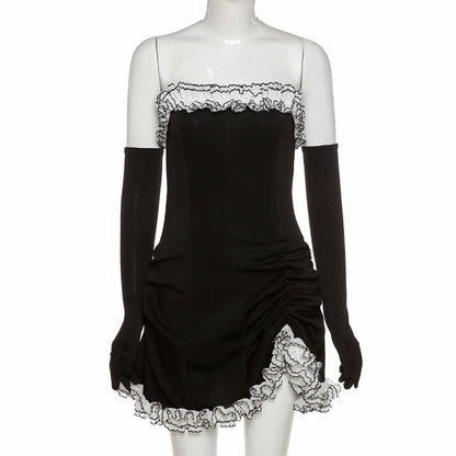 Vestido de fiesta negro con falda tubo y volantes blancos irregulares, vestido negro de regreso a casa Y2617