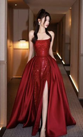 Vestido de noche largo con lentejuelas rojas y escote sirena sin tirantes, vestido de fiesta Y8275