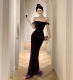 Elegante vestido de fiesta largo de terciopelo morado con hombros descubiertos y abertura Y8131