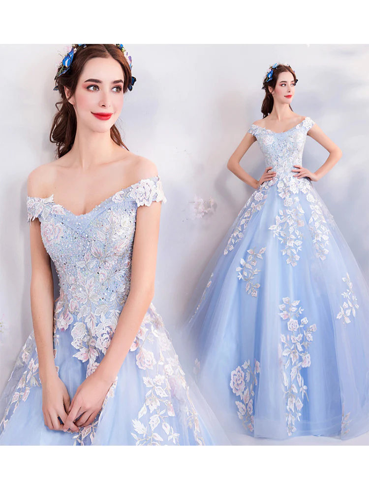 Vestidos de quinceañera azules con hombros descubiertos, vestido de baile azul Y52