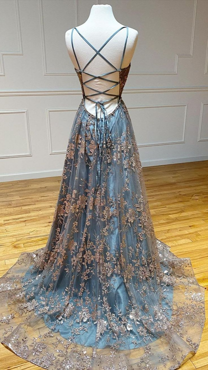 A-Linie V-Ausschnitt Tüll Pailletten Langes Ballkleid, Rückenfreies Langes Abendkleid Y5620