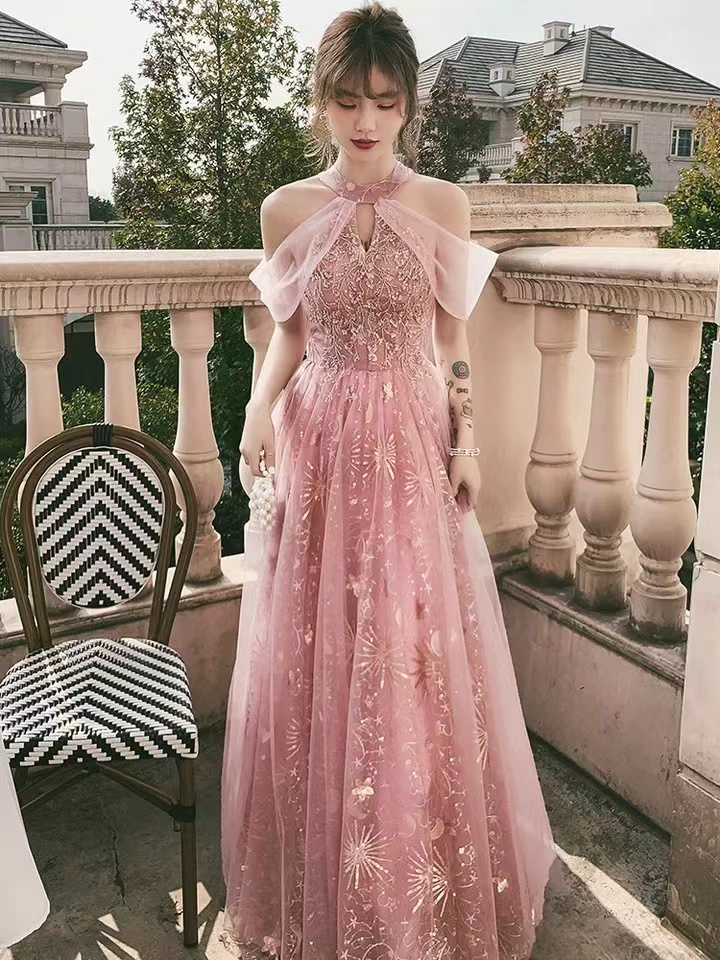 Vestido de fiesta rosa, vestido de fiesta con cuello halter, dulce vestido de noche de hada Y1918