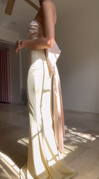 Vestido de noche largo tipo sirena, elegante, sin tirantes y con lazo Y8499