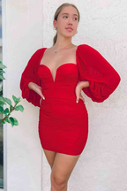 Rotes, figurbetontes, kurzes Partykleid mit Puffärmeln, rotes Homecoming-Kleid Y2883